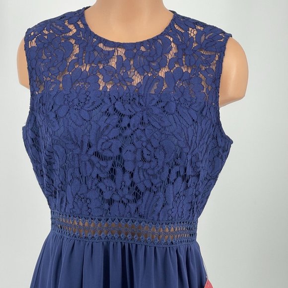 Truth & Fable Chiffon Lace Midi Dress L Cutout Waist Keyhole Back Fit Flare Navy - Picture 6 of 12